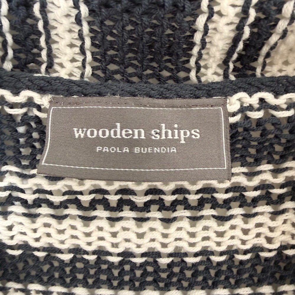 Wooden Ships Coastal Striped Beachy Open Front Cardigan Sweater M/L Navy Stripe‎ - Picture 3 of 12